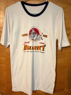 Vintage Amarit Thai Beer Ad White Graphic Logo Ringer T-Shirt Mens M Thailand